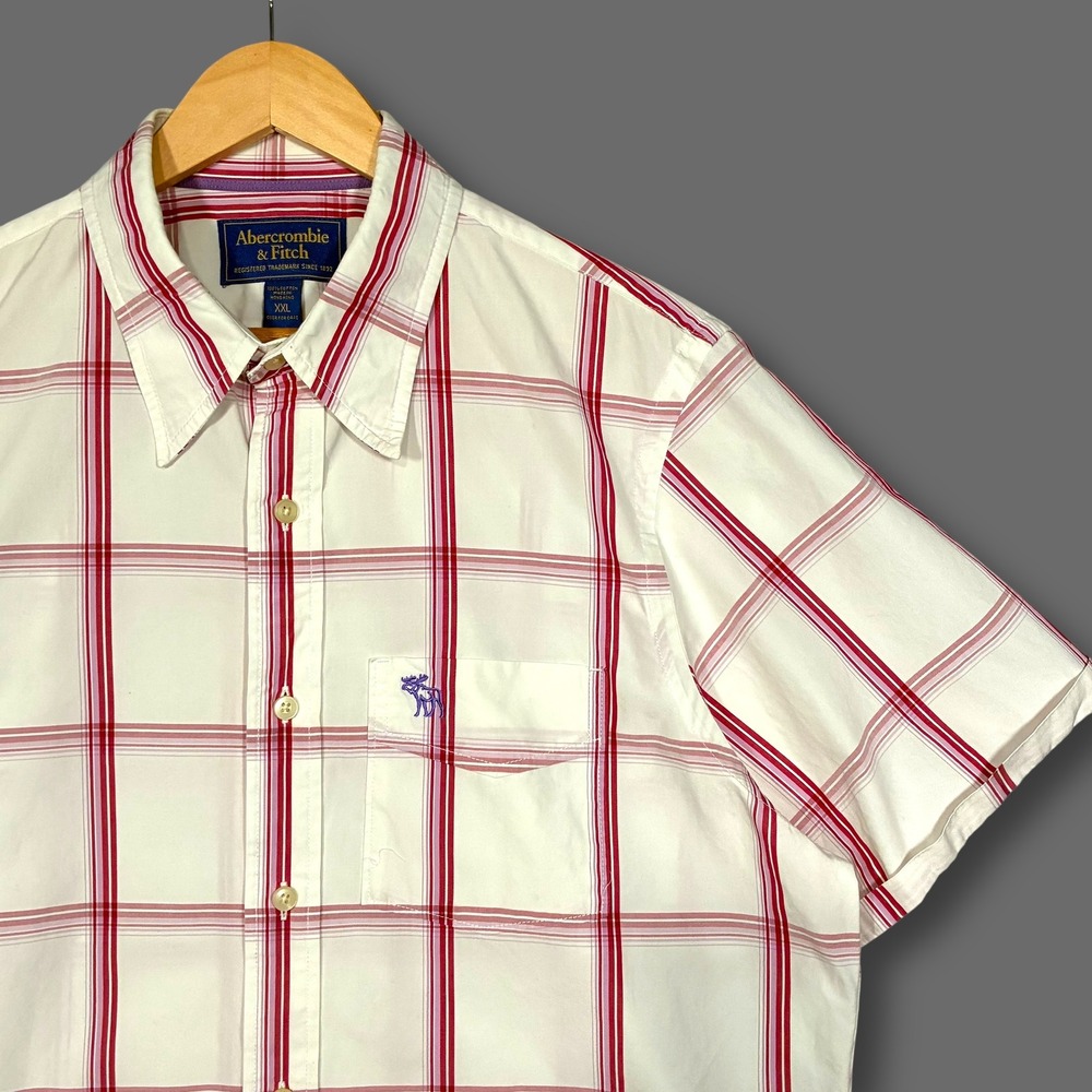 VTG Y2K Abercrombie Fitch Red White Plaid Short Sleeve Button Up Shirt Men's XXL